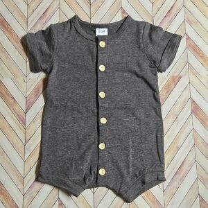 Boho Neutral Gray Baby Romper Short Sleeve Button-Front One-Piece Sunsuit 0-3M
